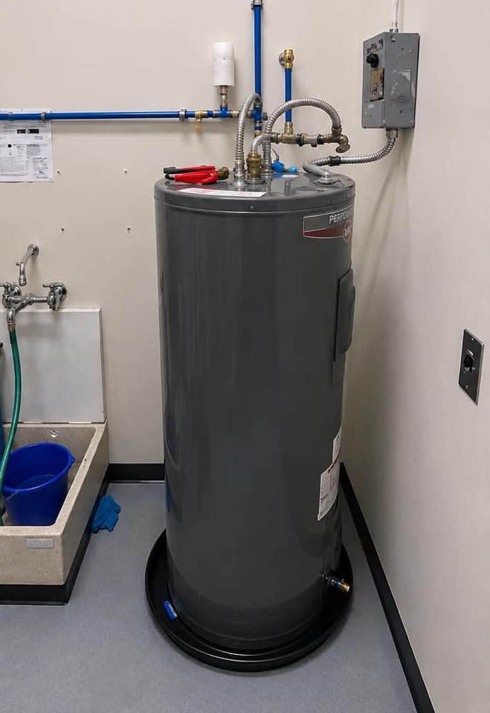 New water heater installed in corner of room