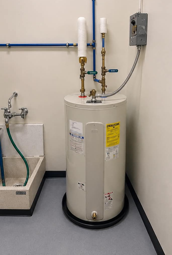 Old worn out water heater in corner of room