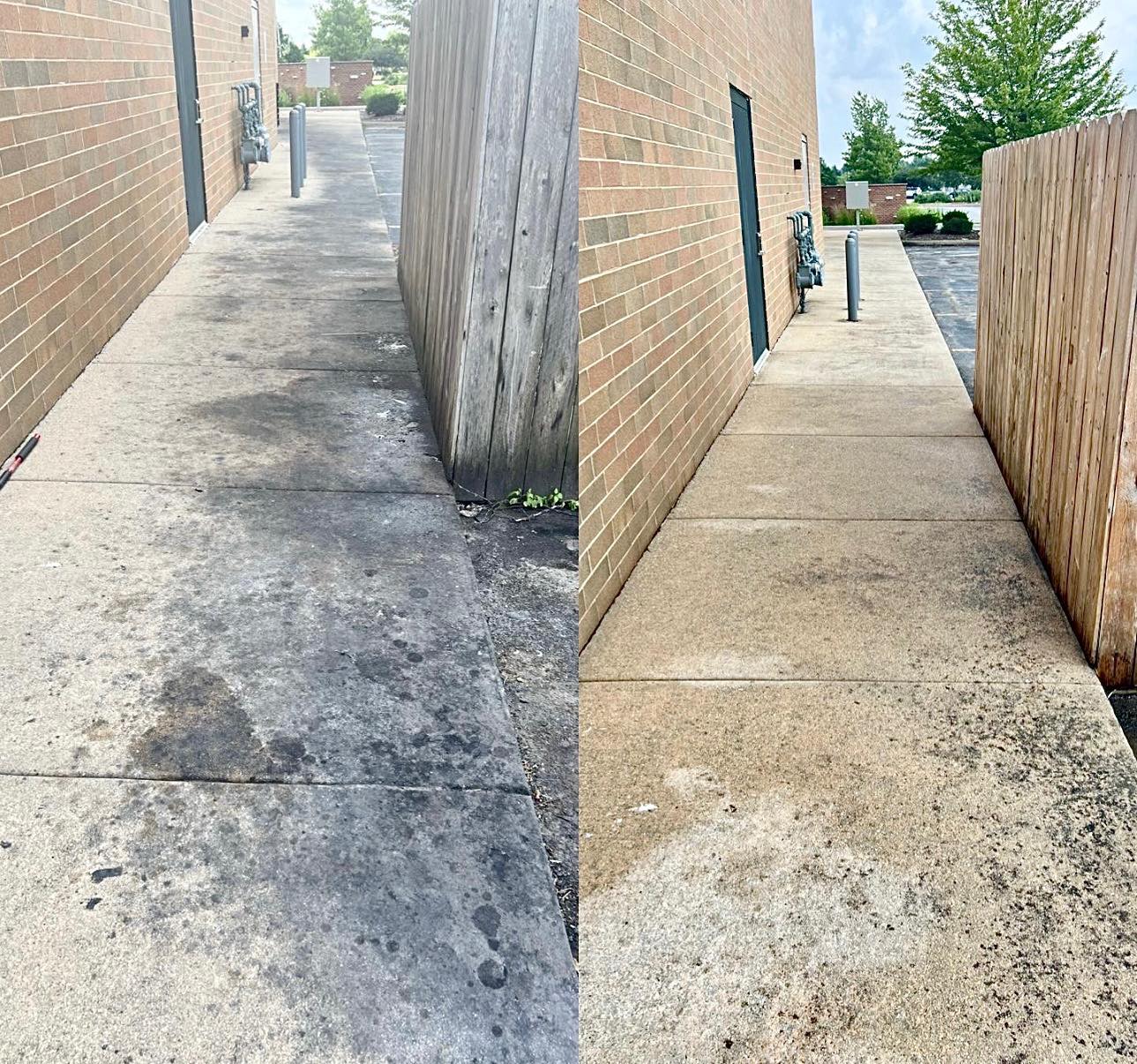 Before and after pressure washing of a commercial sidewalk — left side shows dark staining and grime, right side shows the same concrete cleaned to a bright finish