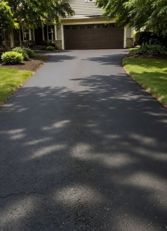 Same driveway restored to a dark, even finish after seal coat application