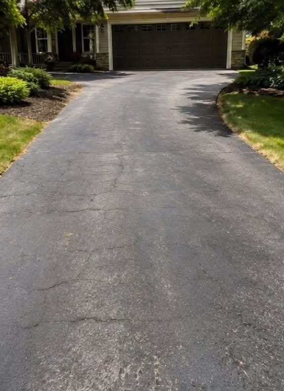Weathered, faded asphalt driveway with surface cracks before seal coating
